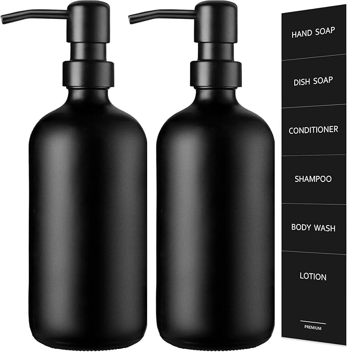 GMISUN Black Soap Dispenser, 2 Pack Matte Black Hand Soap Dispensers Bathroom with Stainless Steel Pump, 17 Fl Oz Glass Dish Soap Dispenser Set for Kitchen, Modern Liquid Soap Bottle with Labels