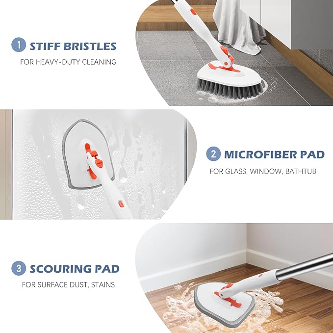 SetSail Floor Scrub Brush, 3-In-1 Tile Tub Floor Scrubber with 52-inch Adjustable Long Handle Shower Cleaner Brush and 4 Detachable Replacement Brush Heads for Cleaning Bathroom Kitchen Walls Tub Tile