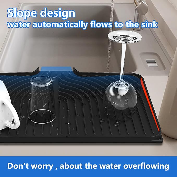 Dish Drying Matt for Kitchen Counter,18"×12"Silicone Dry Rack Mat with Built in Drain, Kitchen Dry Mats for Dishes Drying Pad for Counter(black)