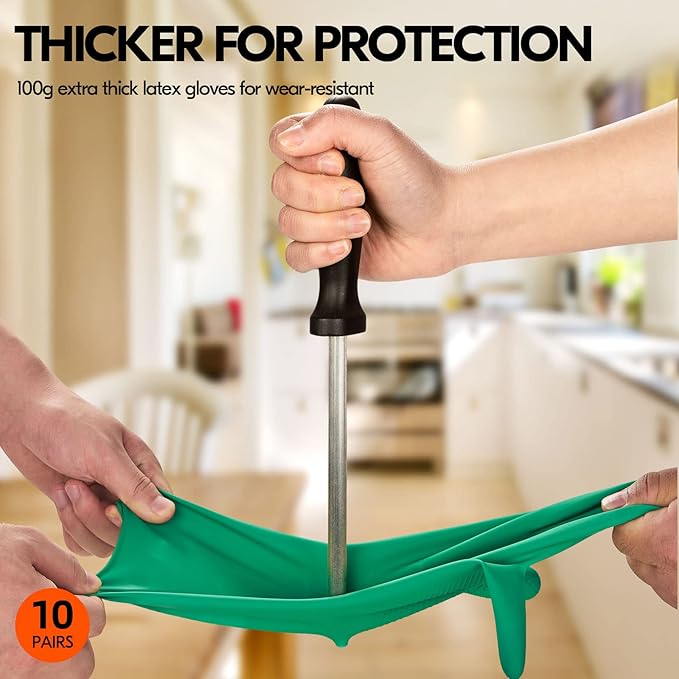 Vgo... 10-Pairs Reusable Household Gloves, Rubber Dishwashing gloves, Extra Thickness, Long Sleeves, Kitchen Cleaning, Working, Painting, Gardening, Pet Care (Size L, Green, HH4601)