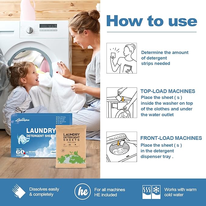 Laundry Detergent Sheet, Eco-Friendly & Hypoallergenic Wash Strips, Natural Ingredients, Ultra-Concentrated, Travel-Ready, No Plastic Jug- Unscented, (60 Loads) 30 Sheets