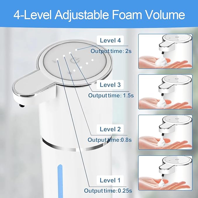 Automatic Foaming Soap Dispenser - Hand Free Pump Touchless Soap Dispenser Electric Dispenser with 380ml, USB Rechargeable 4levels Adjustable Dispenser for Bathroom Kitchen