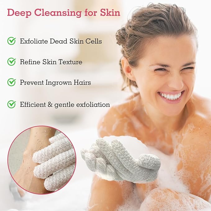 Evridwear Exfoliating Gloves for Shower, 100% Nylon Thick Soft Medium Heavy Bathing Gloves Dead Skin Remover Body Scrubber Smooth Skin with Hang Loop, 2 Pairs Light White