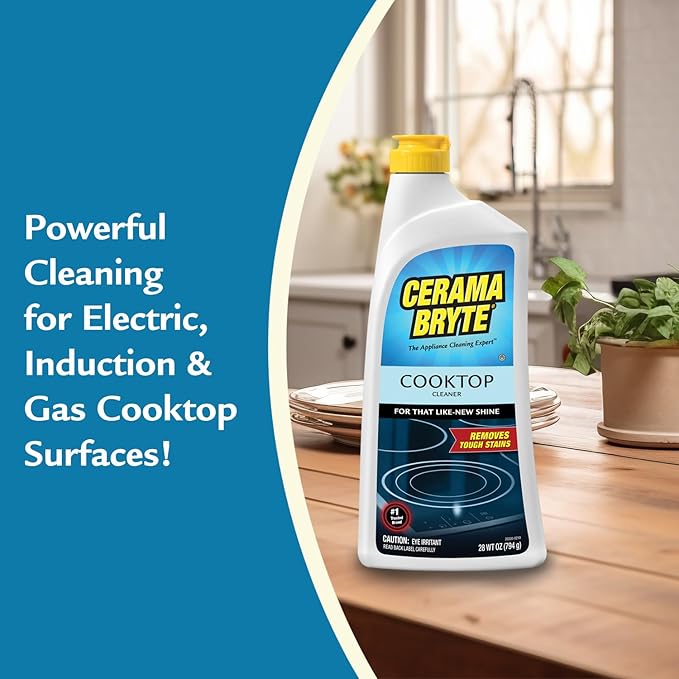 Cerama Bryte Glass Cooktop and Stove Top Cleaner Combo Kit - Includes Cleaning Tool, Razor, Scraper and 1 Pad to Remove Tough Stains - Use on Gas, Electric, Ceramic Surfaces, 18 Ounces, 4 Piece