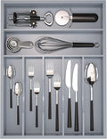 Utensil Organizer Silverware Drawer Organizer - 7 Slots Bamboo Utensil Tray Multifunctional Small Silverware Organizer for Kitchen Utensils, Garage Tools, Makeup Storage W13”x L17” (Grey)