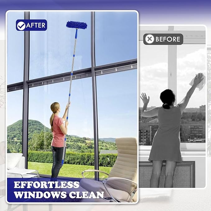 Window Squeegee Cleaner Tool Set,3-in-1 Window Cleaning Kit with 94" Long Extension Pole,Rotatable Bendable Window Washing Kit with 2 Blade 2 Scrubber for Home Car Glass Window Cleaning (11Pcs,Blue)