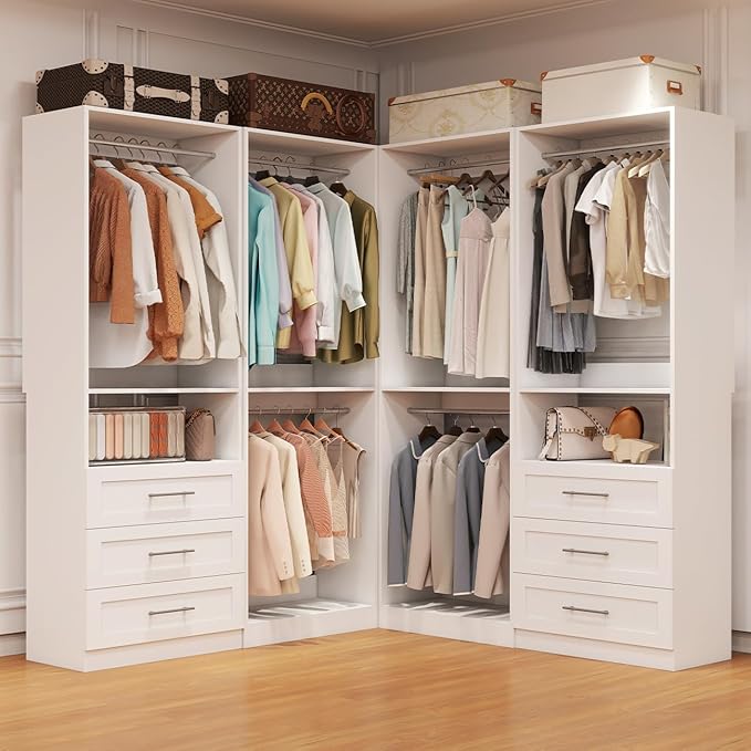 Closet System with 4 Sets, 8FT Closet Organizer Systems with 6 Wooden Drawers & 10 Hanging Rods, Walk in Closet Standalone Corner Closet System Modular Closet System Set White (8FT)