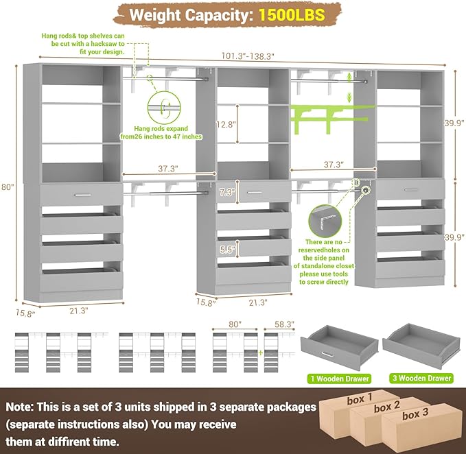 Aheaplus Closet System Set of 3, 138.5" Wood Closet Organizer System Tower with 12 Drawers & 4 Hanging Rods, 6.7+4.85Ft L Shaped Walk-in Closets Wardrobe Organizer Garment Rack with Shelves, Grey
