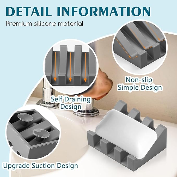 Silicone Soap Dish for Bar Soap Holder for Shower Bathroom Self Draining Waterfall Drying Tray Keep Soap Bars Dry Clean & Easy Cleaning (Gray, 1)