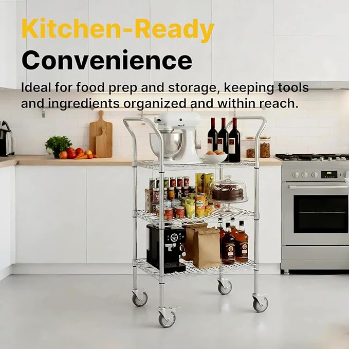Northsky 3-Shelf Wire Utility Cart on Wheels, Chrome Finish Rolling Metal Shelving with Wheels, 550lb Capacity, 24" x 18" x 44.1", 3 Tier Rolling Cart for Kitchen Bar Storage Use
