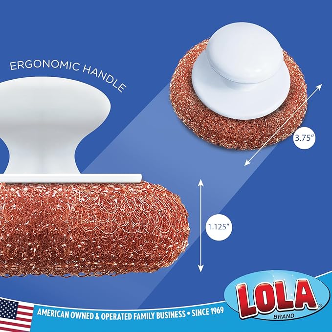 LOLA Copper Mesh Scouring Pad w/Comfort Knob, Heavy Duty Cleaning Pads, Knitted Wire Mesh, Cleans Caked-On & Baked-On Messes - 1 Pack
