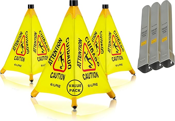 Alpine Caution Wet Floor Sign 3 Pack - Pop Up Slippery When Wet Sign, Wall Mounted Foldable Bilingual Yellow Safety Warning Caution Cone for Commercial & Office Use (20 Inches)
