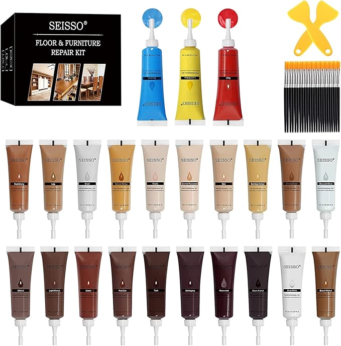 SEISSO Furniture Repair Kit 50 Pcs, 24 Colors Wood Fillers, Wood Paint, Wood Repair Kit, Wood Touch up Fillers Repair Scratches, Discoloration, Cracks, Stains, for Wooden Tables, Cabinet, Floors, Door