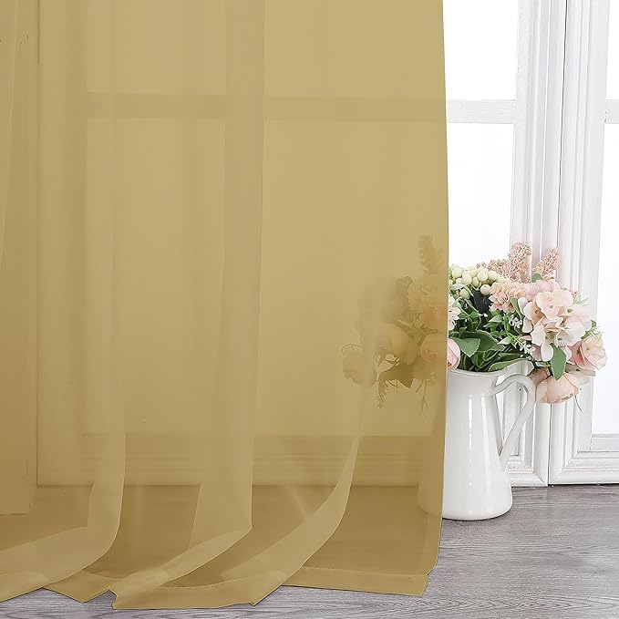 Chyhomenyc Sheer Gold Curtains 90 inches Long 2 Panels, Light Filtering Soft Airy Solid Elegant Voile Window Treatment Drapes for Bedroom Living Room Wedding Party Decor, 42 Wx90 L Inches