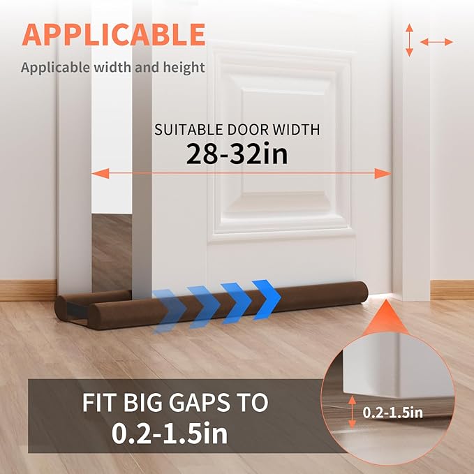 Upgraded Door Draft Stopper for Bottom of Door, Under Door Gap Filler for Big Gap, No Folding Required, Flexible Installation Door Sweep soundproofing Strip for Home & Apartment, 28-32in, Brown