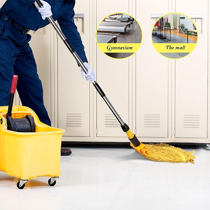Masthome Industrial Mop, Commercial Mop for Floor Cleaning Heavy Duty, Cotton Mops Looped-End String Wet Mops with 2 MopHeads for Home, Garage, Office Floor Cleaning (Yellow-Blue)