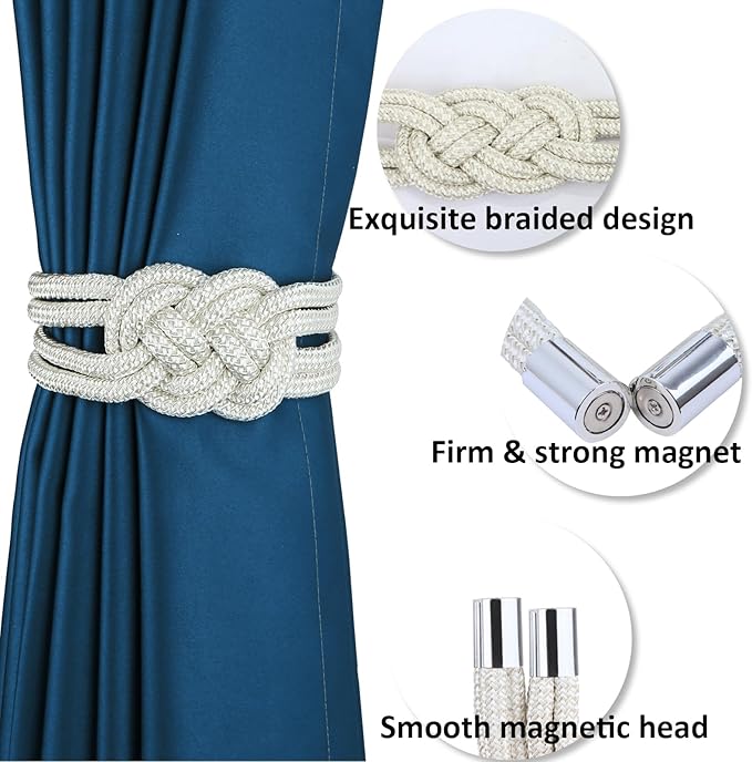 2 Pack Magnetic Curtain Tiebacks, Hand Weave Rope Knot Decorative Curtain Holdbacks for Home & Office Thin Window Drapery (Beige,2P)