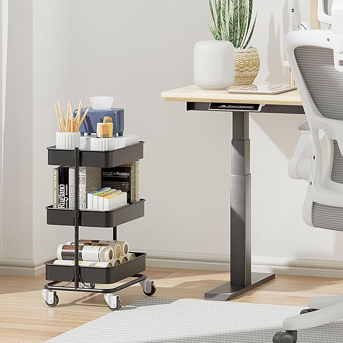 3 Tier Modern Metal Rolling Tool Cart with Silent Casters, 15.35x11.81x23.74 inch Heavy Duty Organization Truck Trolley Organizer for Office, Living Room, Kitchen, (Black)