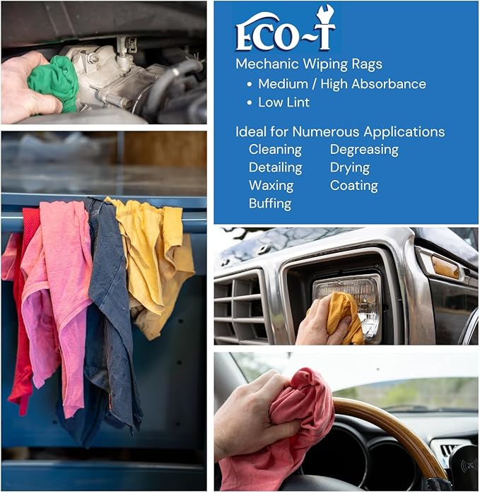6 x 4 Lb Bags (24 Lbs) Eco-T Mechanic Shop Rags - Colored T-Shirt Material, 100% Recycled, Eco-Friendly, High Absorbency, Low Lint, Low-Cost, Industrial Use Wiping Cloth