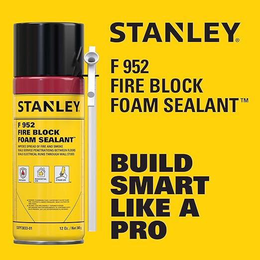 Stanley F952 Fire Block Spray Foam – (12x12oz) Fire Rated Expanding Polyurethane Foam Sealant for Gap Filling & Sealing on Doors, Windows, Walls, Pipes & Joints – Indoor/Outdoor Straw Use | 12 Pack