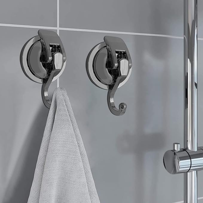 Heavy Duty Suction Cup Hooks for Shower, Bathroom Robe - Reusable, No Hole Punched, for Garland Decoration (Silver Grey, 2 Pack), XPG-TSX1