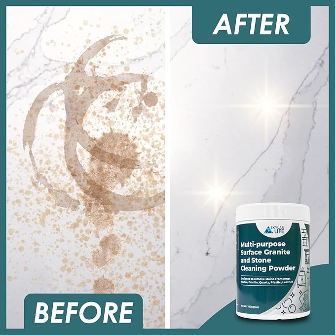 Skylarlife Multi-purpose Surface Stone Cleaning Powder (200g) to remove rust stain, yellowing, oil stains, from most marble, granite, quartz, concrete, countertop and other non-porous surface, remove adhesive spots and stains from boat and plastic and ...