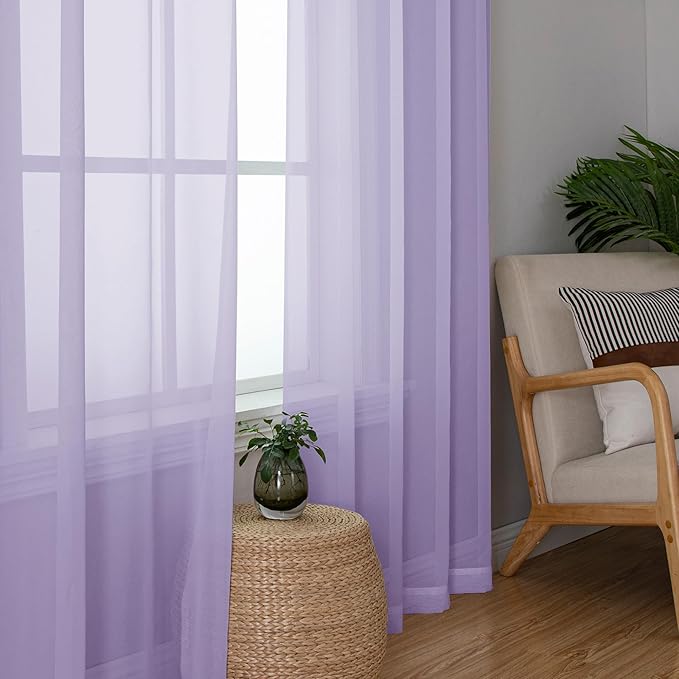 Chyhomenyc Lilac Sheer Curtains 45 Inch Long 2 Panels, Light Filtering Rod Pocket Voile Short Curtains Drapes for Living Room Bedroom Small Windows, 42Wx45L Inches