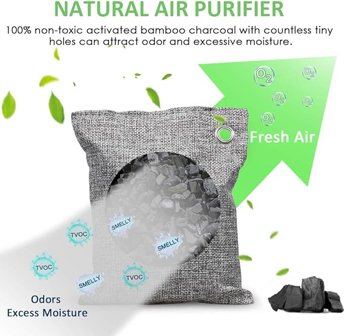NIYIKOW Charcoal Bags Odor Absorber (Large, 4Pack x 200g), Nature Fresh Bamboo Charcoal Air Purifying Bags, Activated Charcoal Odor Absorber for Home, Car, Closet, Pets, Basement Odor Eliminator -Grey
