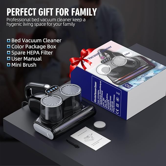 Mattress Vacuum Cleaner, 16Kpa Bed Vacuum Cleaner with 253.7nm UV-C Light & Heating & Ultrasonic Quintuple Tech & 30000 RPM/Min Brushroll Rotation, 500W, Corded