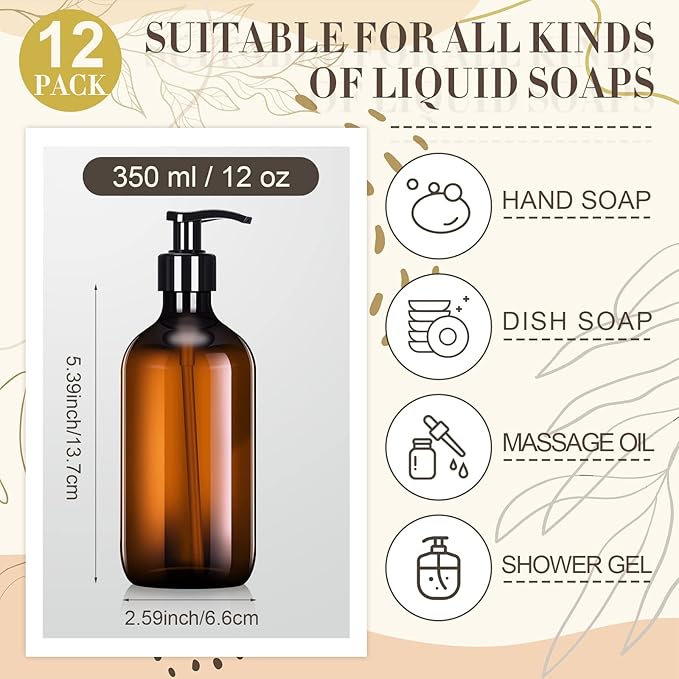 Tessco for you 12 Pack Amber Soap Dispenser Empty Plastic Pump Bottles Dispenser Refillable Shampoo Container for Hand Sanitizer Soap Lotion Body Wash Conditioner Bathroom Kitchen Travel(12 oz)