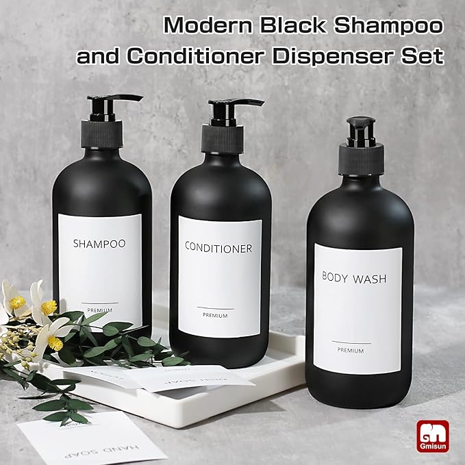 GMISUN Black Shampoo and Conditioner Dispenser, Shower Soap Dispenser Bottles with Labels, Refillable Shampoo Conditioner Body Wash Dispensers, Glass Soap Pump Dispenser Set for Bathroom Shower