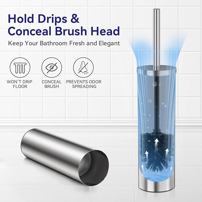 DOWRY Stainless Steel Freestanding Toilet Bowl Brush and Holder with Long Handle for Bathroom Storage Organization,Sturdy Deep Cleaning Toilet Bowl Cleaner,Nickel Round