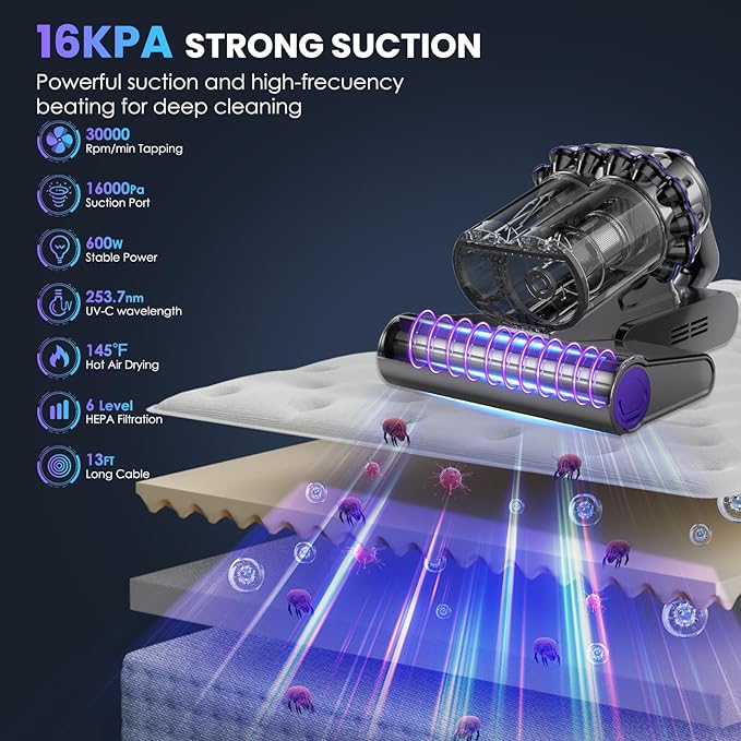 Mattress Vacuum Cleaner, 16Kpa Bed Vacuum Vleaner 253.7nm UV-C Light, 145°F Heat, HEPA Filter & Ultrasonic, Versatile Handheld Vacuums for Bed, Sofa, Couch, Crib (Corded,600W)