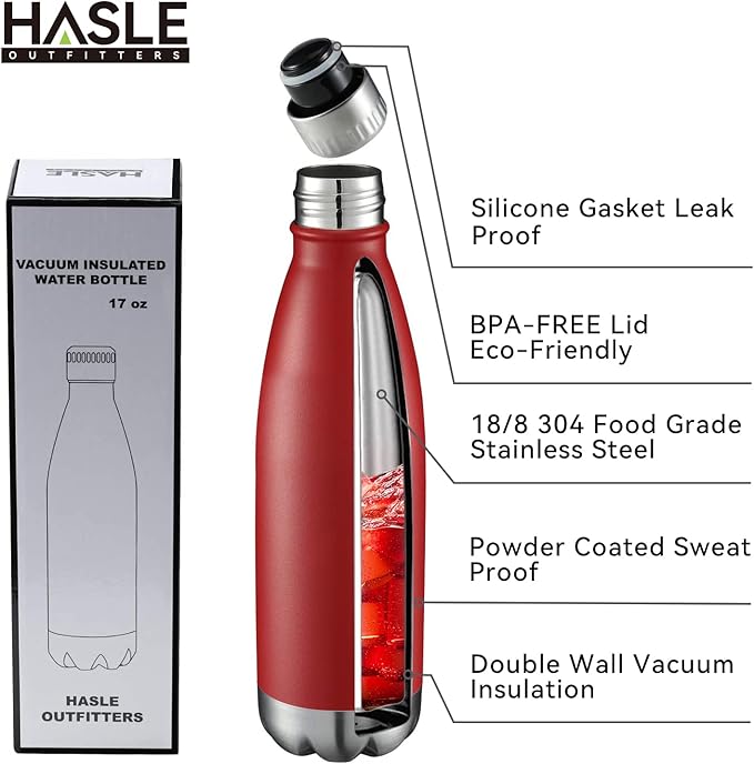 HASLE OUTFITTERS 17oz Stainless Steel Water Bottles Bulk, Vacuum Insulated Water Bottles Double Walled Powder Coated Reusable Metal Sports Water Bottles Keep Drinks Hot and Cold, Red, 8Packs