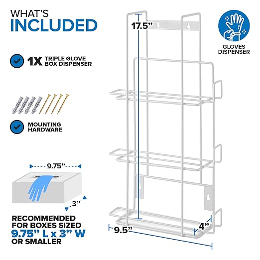 Stock Your Home (White Metal Triple Gloves Dispenser, Tissue Box Shelf, Glove Box Holder Wall Mount, For Kitchen, Cleaning Closet, Lab, Exam, or Office