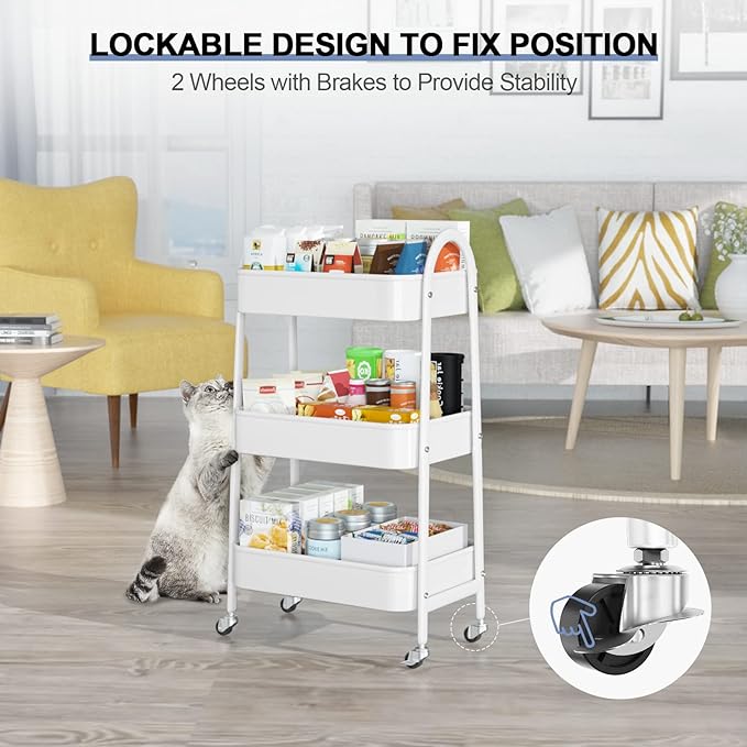 EAGMAK 3 Tier Utility Rolling Cart, Metal Storage Cart with Handle and Lockable Wheels, Multifunctional Storage Organizer Trolley with Mesh Baskets for Kitchen, Living Room, Office, Garage (White)