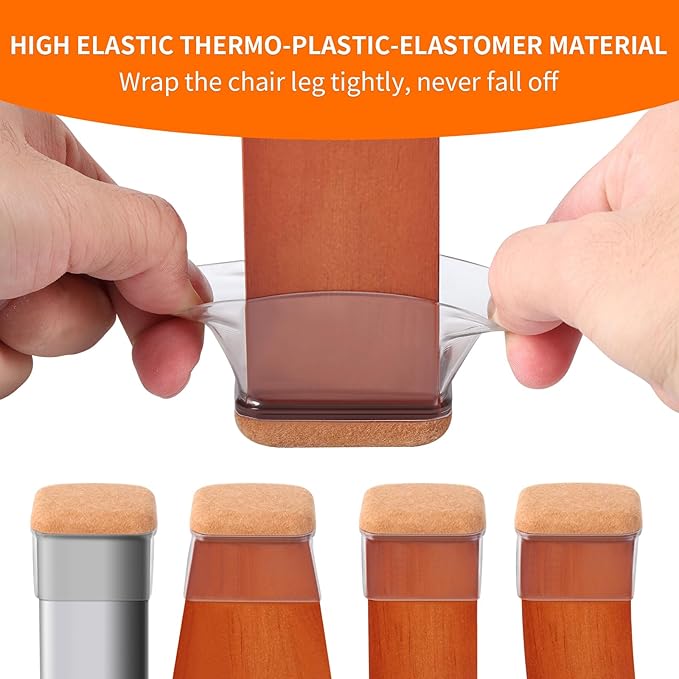 Ezprotekt 16 Pcs Rectangle Clear Silicone Chair Leg Floor Protectors with Felt, Rectangle Chair Leg Caps, Furniture Leg Covers Cups for Chair Table Desk Anti- Scratches (Fit L :1.3-1.7", W: 0.6-0.9")