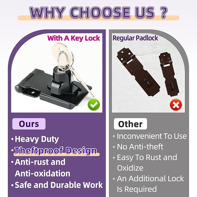 Alise Keyed Hasp Lock,2.5 Inch Safety Packlock Clasp Hasp Lock Latch with Lock, Black Door Hinge Lock with Keys Keyed Locking Hasp for Cabinets Closets Doors