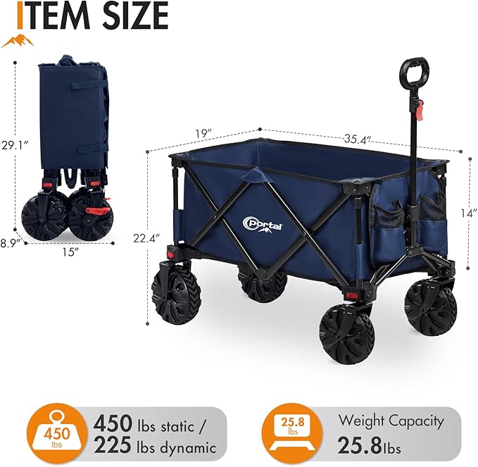 PORTAL Heavy-Duty Folding Wagon Cart, Large Collapsible Utility Wagon with All-Terrain Wheels for Beach, Camping, Garden & Grocery
