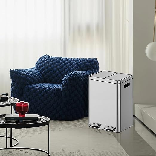 2 x 5.3 Gal (2 x 20L) Trash Can, Stainless Steel Triple Compartment Step-On Recycling Bin with Soft-Close Lids & Removable Plastic Inner Buckets for Kitchen, Home, Office