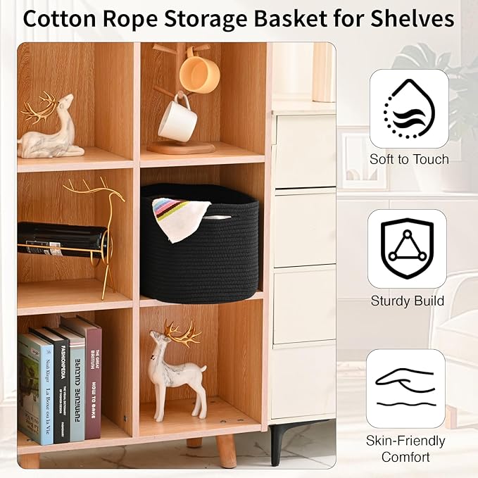 Woven Cotton Rope Storage Basket for Organizing, Cute Decorative Baskets for Gifts Empty, Organizer Bins for Dog Toy, Baby Laundry, 17“×13”×9.5“, Black