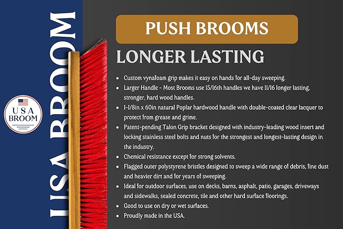 USA Broom 36" Everyday Sweep Indoor/Outdoor Push Broom with 60" Handle. Ideal for Garages & Shops. Durable American Made Steel Brackets-All Stainless Steel Hardware. No Plastic. 100% Made in The USA.