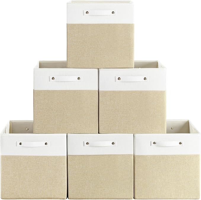 13 x 13 Inch Fine Linen Storage Bins with Handles，Fabric Cube Boxs，Collapsible Basket Organizers for Shelves for Home, Closet Drawers (White/Khaki-6 Pack)