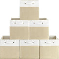 13 x 13 Inch Fine Linen Storage Bins with Handles，Fabric Cube Boxs，Collapsible Basket Organizers for Shelves for Home, Closet Drawers (White/Khaki-6 Pack)