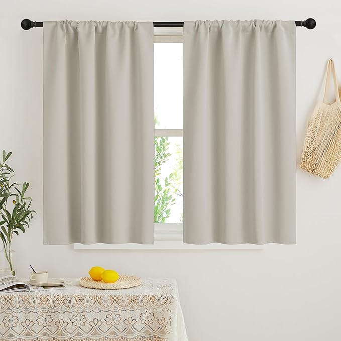RYB HOME Blackout Short Cafe Curtains, Privacy Light Block Small Window Curtains for Bedroom Kitchen Basement Dining Classroom, W 34 x L 45 inches, Natural, 2 Panels