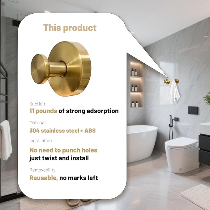 4 Pcs Suction Cup Hooks for Shower，Removable Hooks，Towel Hook，Suction Hook for Bathroom, Bedroom, Glass Window (Gold)