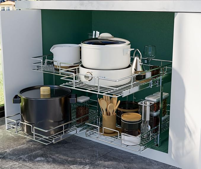 LOVMOR 2 Tier Individual Pull Out Cabinet Organizer 11" W x 18" D, Slide Out Kitchen Cabinet Storage Sliding Shelves