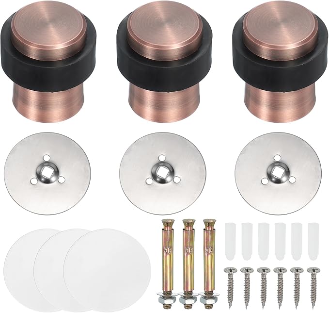 PATIKIL 3Set Round Door Stoppers, 46mm Stainless Steel Door Stop Doorstop Wedge Metal Cylinder Self Adhesive with Screw for Bottom of Door Floor Inside, Copper Tone