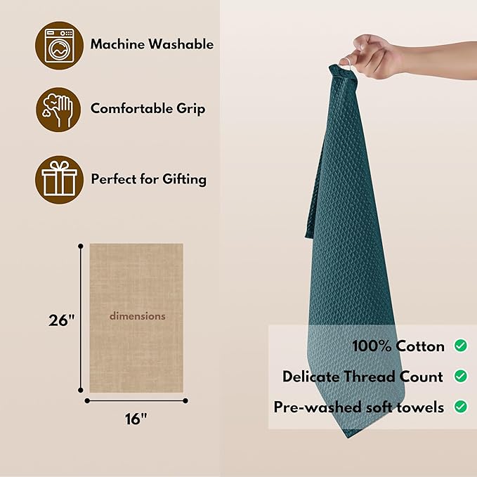 Native Fab Cotton Kitchen Towel with Hanging Loop 16x26 inches, 12-Pack, Waffle Weave Kitchen Towels for Cleaning Drying, Washcloths Soft & Absorbent Cloth Rags, Bar Towel, Dish Cloth, Teal Green