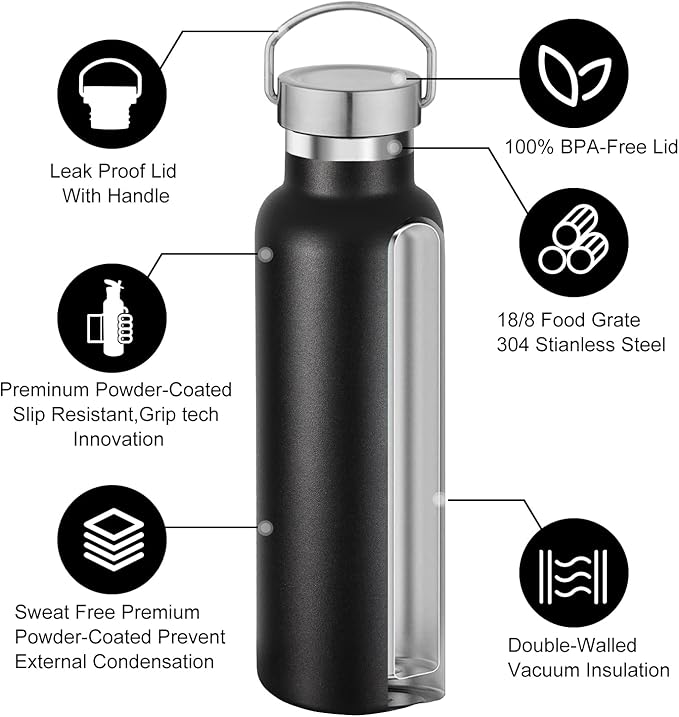 Neihepal 20 oz Insulated Water Bottles Bulk 2 Pack,Stainless Steel Double Wall Sport Bottle with Lid of Handle,Metal Reusable Thermoses Flask with Cup Cap for School,Hikers,Gift (Black,Set of 2)